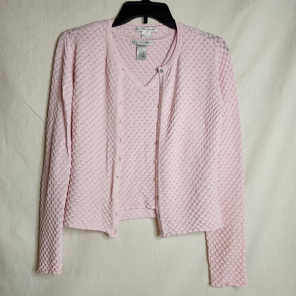 Jillian Jones Pink Textured Cardigan And Tank Sweater Set Size M Cottage Core - Picture 1 of 11